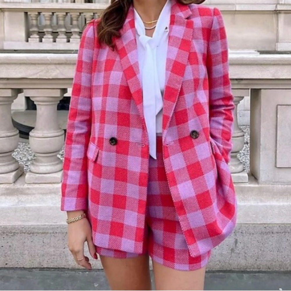 ANN TAYLOR Stylish Red and Pink Plaid Women's Blazer Size 12. NWT